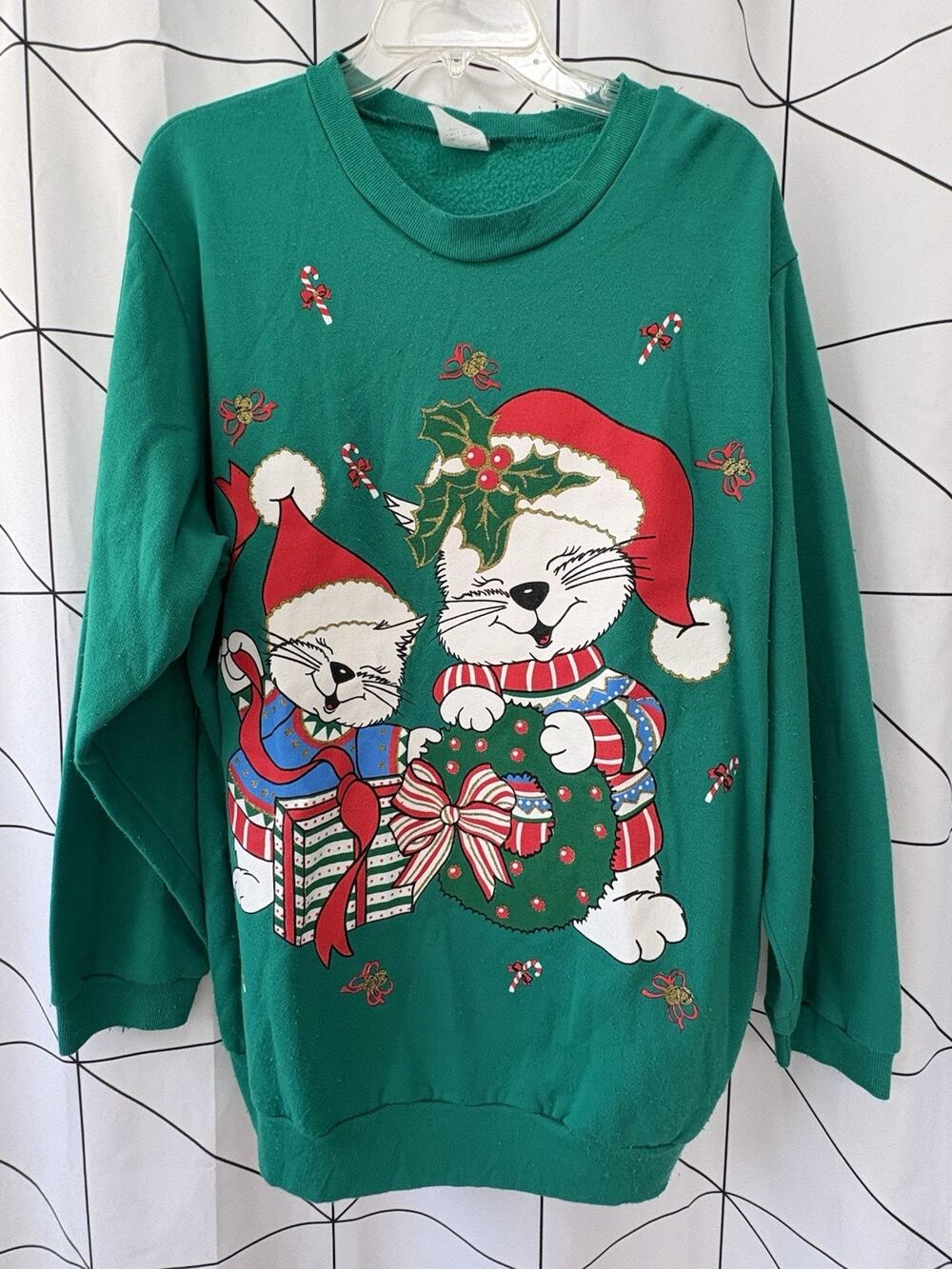 VTG 90s Size XL Holiday Christmas Cat Crewneck Sweater Sweatshirt Playful Kitten